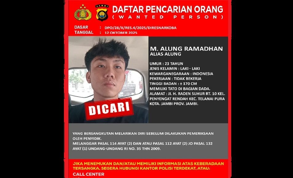 Polda Jambi Berhasil Tangkap Alung DPO Narkoba 58 Kg Sabu Yang Sempat Kabur